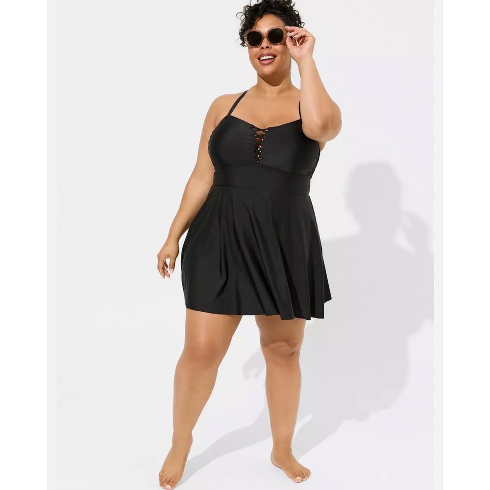 Torrid Black Lace Up Front Swim Dress One Piece Lattice Womens 1X Beach Vacation